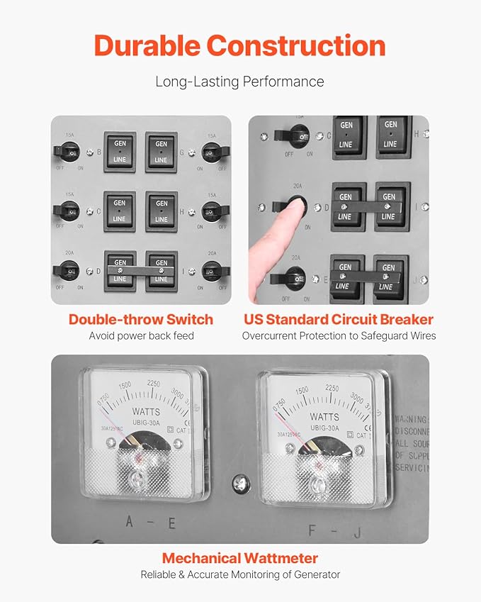 VEVOR Manual Transfer 30-Amp 10-Circuit Prewired Generator Transfer Kit with NEMA L14-30P Power Inlet Box Double-Throw NEMA 3R Mechanical Watt Meter for 7500W Generators