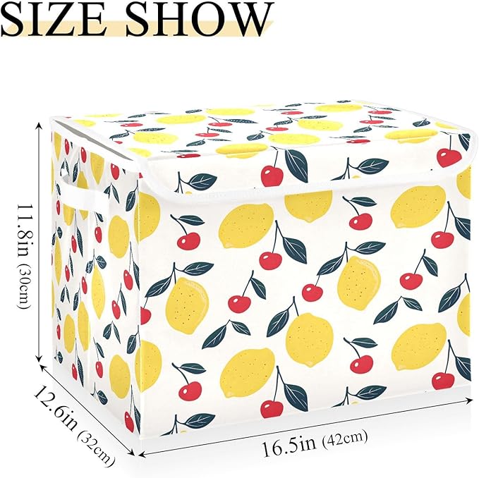 MNSRUU Containers Baskets with Lids Lemon Cherry Fabric Foldable Storage Bins Organizer with Lid Collapsible Storage Boxes for Home Bedroom Closet Office