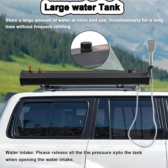 Pressurized Water Tank for Camping Shower Lightweight Portable Outdoor Roof Rack Water Tank with Water Hose Shower Head for Hiking Car wash Pet Cleaning Beach Vacations18L/4.76gal
