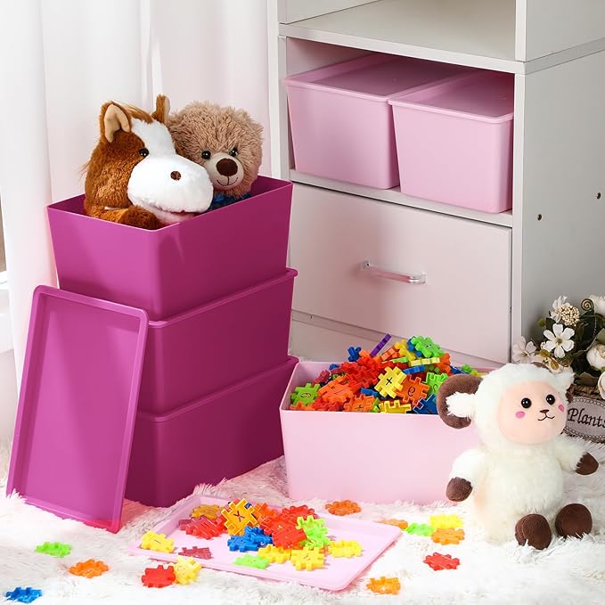 Menkxi 6 Pcs Storage Bins with Lids Small Plastic Storage Containers Stackable Storing Baskets Box Cute Organizer Bins for Organizing Shelves (Pink Series)