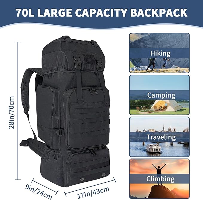 70L Hiking Backpack for Men Women Camping bag with Shoe Compartment Large Military Tactical Backpack MOLLE Rucksack Sport Travel Backpacking Daypack (Black)
