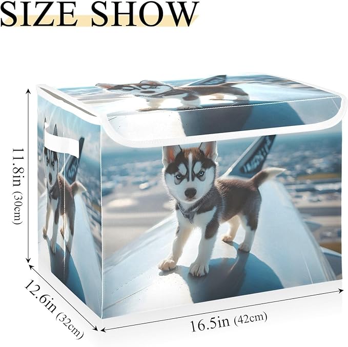 AIXIWAWA Lidded Storage Cube (Husky on Plane) Fabric Foldable Closet Bins with Flip Lid and Handles Organizer Basket Container 16.5 x 12.6 x 11.8 IN
