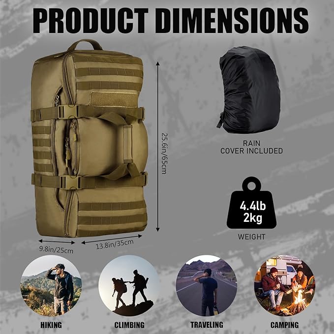Protector Plus Tactical Travel Backpack 60L Military MOLLE Duffel Bag (Rain Cover &amp Patch Included)