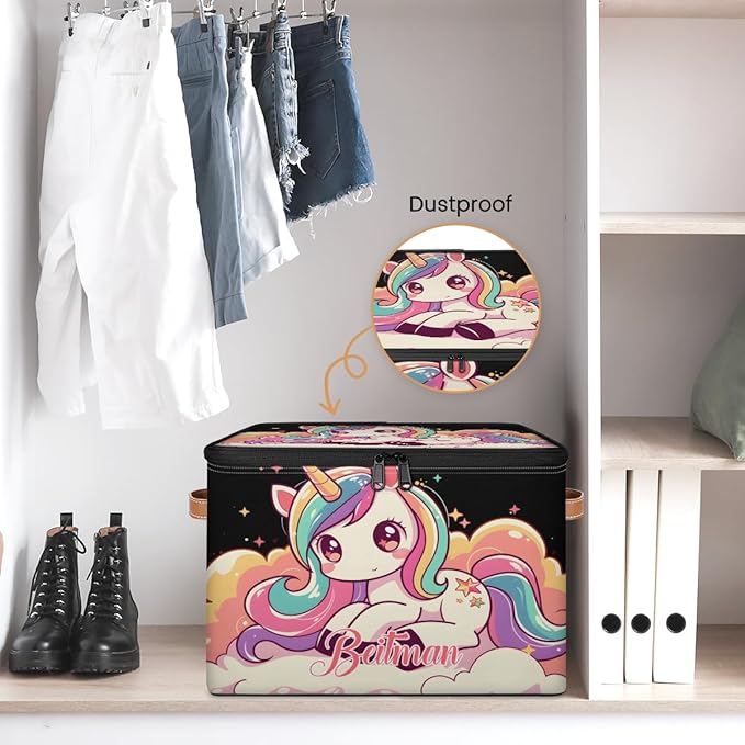 Storage-Bins with Lids Handle Customized Stackable-Storage-Bin for Kids-Boys-Girls-Toys Cube Collapsibl Basket Unicorn Black