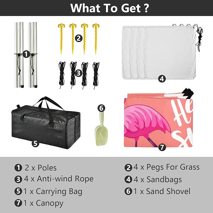 xigua Flamingos Beach Tent Sun Shelter with Carrying Bag - Silver Coated Oxford Fabric Beach Canopy for Beach Camping Fishing - Includes Windproof Ropes Sandbags &amp Stakes