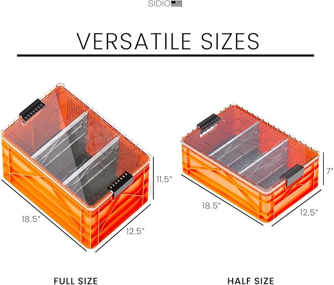 SIDIO Crate Pro Pack - 2 Full-Size &amp 1 Half-Size Heavy Duty Stackable Storage Bins Totes and Containers with Lids and Dividers - Durable Plastic Organizer for Home Office Garage and Outdoor Us