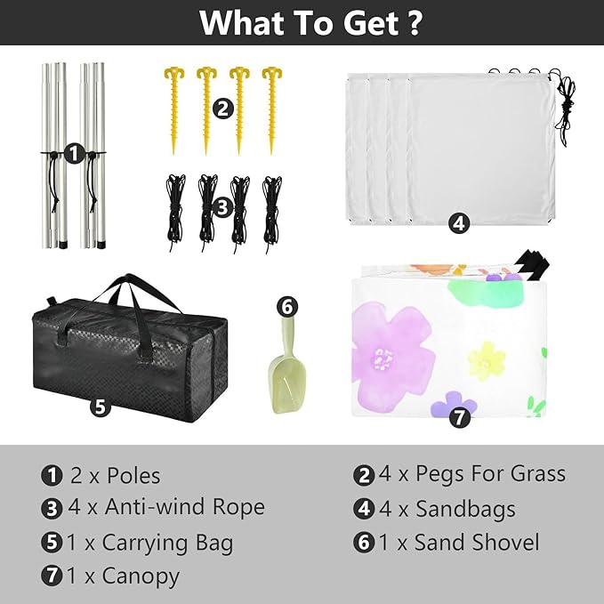 Beach Canopy with Windproof Ropes &amp Sandbags Beach Tent Sun Shade Sun Shelter for Camping Trips Fishing Backyard Fun or Picnics Wildflowers