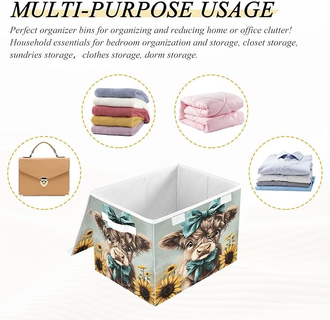 MNSRUU Containers Baskets with Lids Cute Highland Cow Bow Fabric Foldable Storage Bins Organizer with Lid Collapsible Storage Boxes for Home Bedroom Closet Office