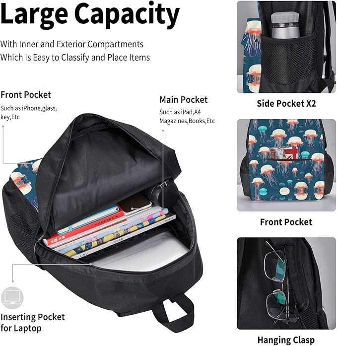 3pcs Backpack Sets Jellyfish Pattern Printed Backpacks Set With Lunch Bag Pencil Pouch