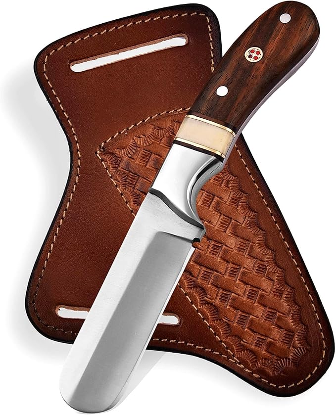 Handmade 1095 High Carbon Steel Bull Cutter Knife with Pancake Leather Sheath Fixed Blade Cowboy Knife with walnut wood/Bone Handle Utility Knife EDC Hunting knife (Walnut Wood)