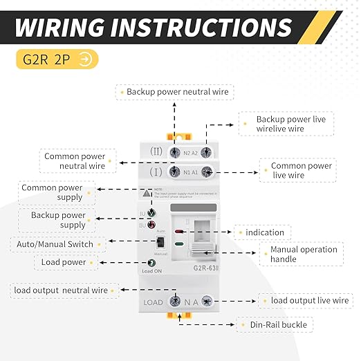 Mini ATS AC Automatic/Manual Transfer Switch 2P 63A 110V ATS Manual Transfer for Uninterruptible Power Supply Home Dual Auto Power Electrical Selector Switch DIN Rail Mount（G2R 2P 63A AC110V）