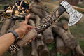 19” Hand Forged Viking Axe- Ash Wood Shaft Engraved Carbon Steel Bearded Axe for Camping- Viking Gift for Men(Norse Viking Axe) Blaack ISU564ZA