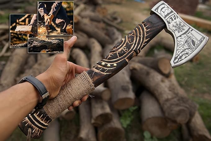 19” Hand Forged Viking Axe- Ash Wood Shaft Engraved Carbon Steel Bearded Axe for Camping- Viking Gift for Men(Norse Viking Axe) Blaack ISU564ZA