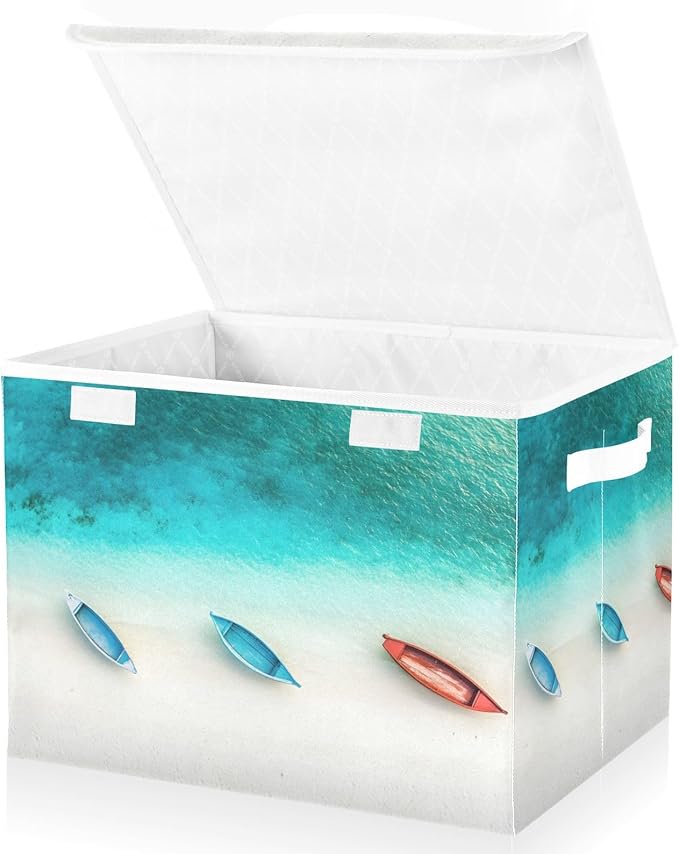 AIXIWAWA Lidded Storage Cube (Beautiful Beach) Fabric Foldable Closet Bins with Flip Lid and Handles Organizer Basket Container 16.5 x 12.6 x 11.8 IN