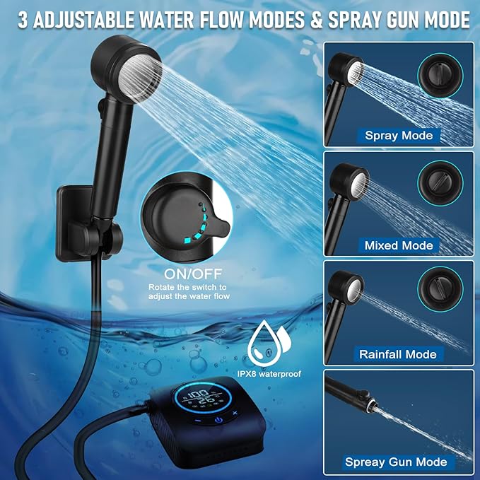 Portable Shower for Camping [Upgraded] Spopal 8000mAh Rechargeable Camping Shower with 5 Adjustable Speeds 4 Spray Modes with Collapsible Bucket with Handle 20L for Hiking Travel Car Pet