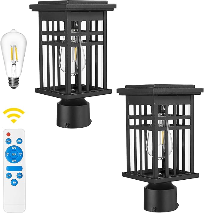 zeyu 2 Pack Solar Exterior Post Lamp Light 12 Inch Dusk to Dawn Outdoor Lamp Post Light for Patio with Remote Die-Cast Aluminum with Clear Glass Shade Black Finish 20068-P-2 SL BK
