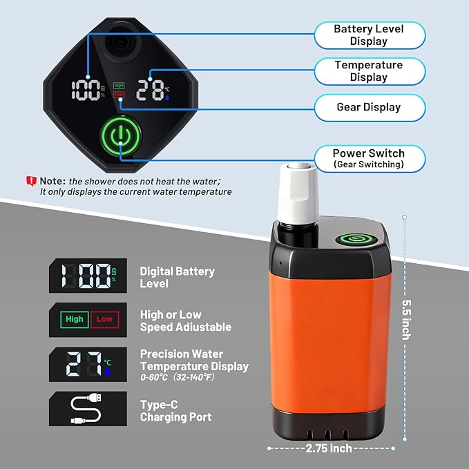 Camping Shower with Heater Portable – 6000mAh Rechargeable Hot Water Shower Pump with LED Display 3 Spray Modes for Outdoor Camping RV Pet Bath Car Wash Travel