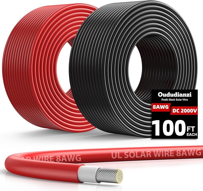Oududianzi 8AWG Solar Panel Wire 2x100Ft Solar Wire 8 Gauge Tinned Copper PV Wire Solar Extension Cable for Outdoor Automotive RV Solar Panel Boat Marine