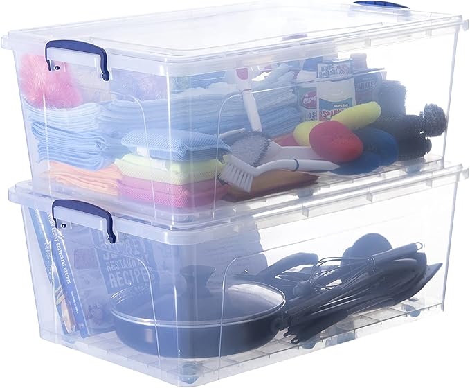 Superio Storage Bins with Lids Clear Plastic Containers for Organizing Stackable Totes BPA Free Odor Free Organizer Boxes for Home and Dorm (2 Pack 60 Quart)