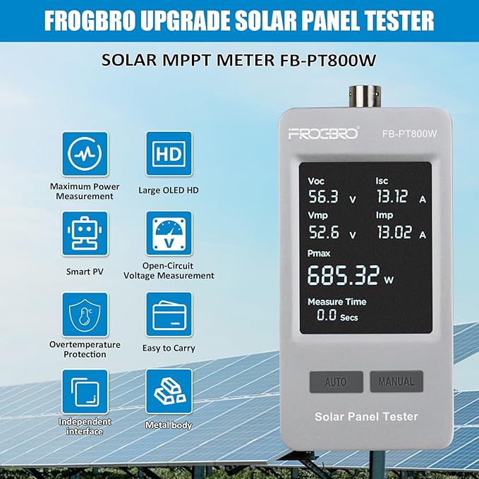 FrogBro 800W Solar Panel Tester – PV Multimeter with Smart MPPT &amp HD OLED Display for Solar Panel Diagnostics and Data Analysis