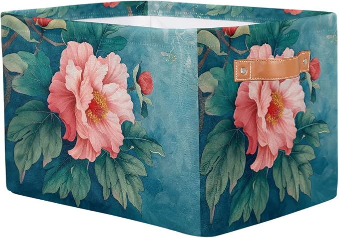 Pardick Basket Storage Bins Flower Floral Teal Rectangle Cube Basket Box Kids Girls Boys Toys Organizer Beaket Decor Foldable with Handle for Living Room Bedroom Closet Nursery Office Shelf Gifts