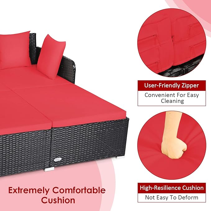 Tangkula Outdoor Rattan Daybed Sunbed Wicker Furniture w/Spacious Seat Upholstered Cushion &amp High-Resilience Sponge Wicker Patio Sofa Set w/Extra Pillows for Courtyard Poolside(Red)