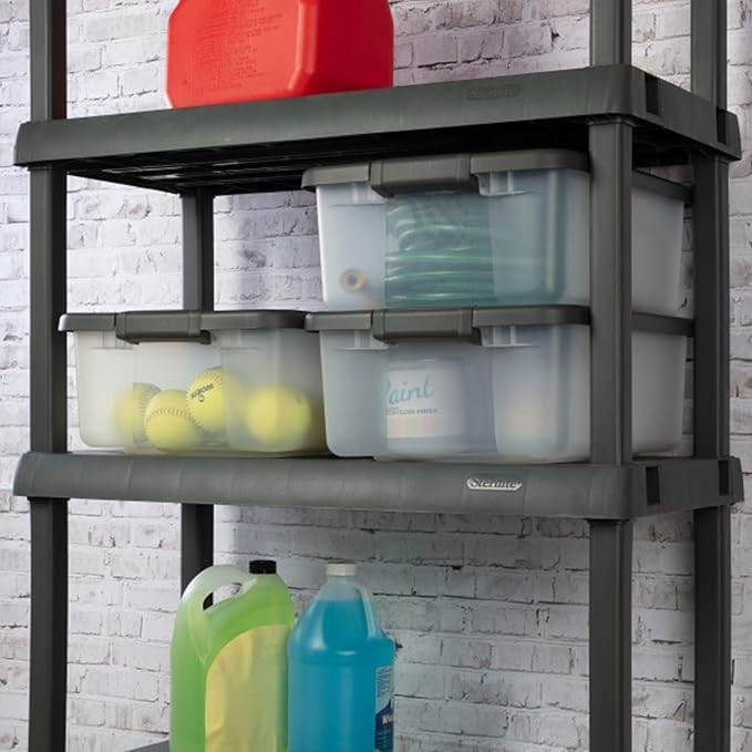 Sterilite 12-Pack ShelfTote Clear Plastic Storage Bins with Lids 25 Quart Gray - Stackable Organizing Container Boxes for Closet Bathroom and Office