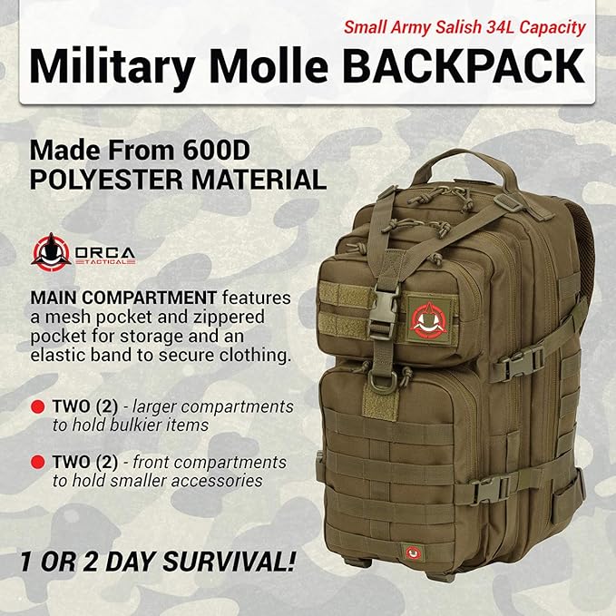 ORCA 34L Military Tactical Backpack – Heavy Duty Waterproof Rucksack for Camping Hiking &amp Survival 600D Polyester (OD Green)