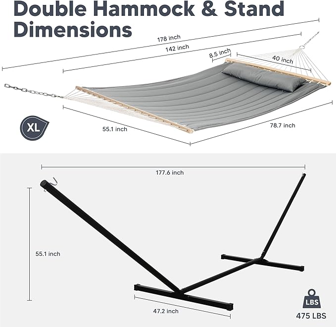SUNCREAT Double Hammock with 15 ft Stand Outdoor Hammock with Stand Balance Straps Light Gray