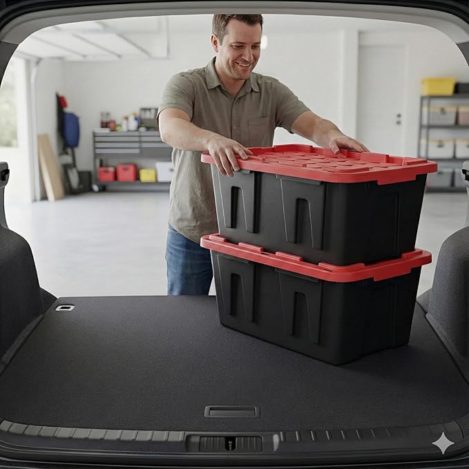 27 Gal Industrial Tote2 Pack Large Storage BinBlack with Red Lid Plastic Storage Container Stackable &amp Nestable Heavy Duty Storage Totes Suitable for Garages Basements or Outdoors (2 Pack)
