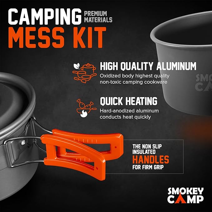 Smokey Camp Camping Cookware Mess Kit Set with Stove - Backpacking Camping Pots and Pans Set All in One Non-Stick Camping Cooking Set Portable Stove Hiking Picnic Outdoor &amp Camping Cookware S