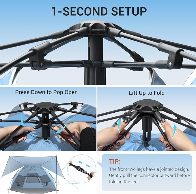 Elegear CumbreX™ Beach Tent with 360° Removable Canopy 4-6 Person Pop Up Sun Shade Shelter UPF 50+ Automated Installation Double Silver Coating Portable Lightweight Beach Cabana for Beach/Outdoor