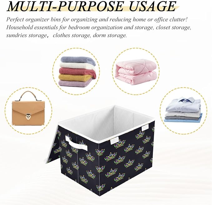 MNSRUU Containers Baskets with Lids Mardi Gras Crown Pattern Fabric Foldable Storage Bins Organizer with Lid Collapsible Storage Boxes for Home Bedroom Closet Office