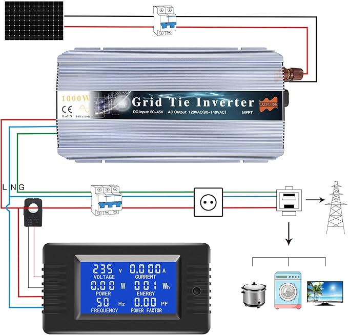 Marsrock 1000W MPPT Pure Sine Wave Grid-Tie Micro Inverter Converts 20-50V DC to 110V/120V AC Perfect for Home Solar or Wind Power Systems.