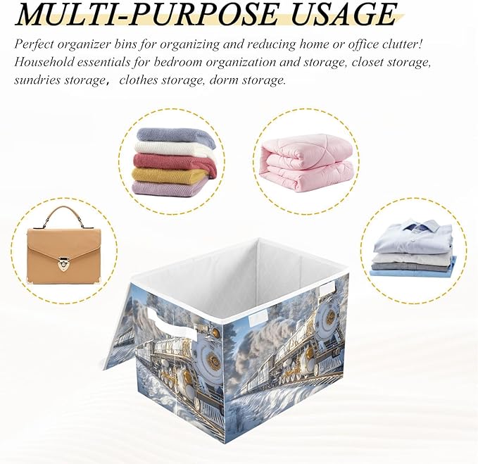 Storage Cube with Lid Luxurious Train Print 16.5×12.6×11.8 IN Collapsible Large Capacity Foldable Storage Basket Bin Organizer