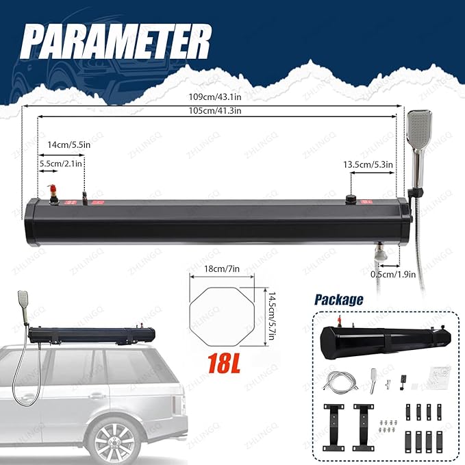 4.8/5.3/7.9 Gallon Portable Camping Shower Roof Rack Mount Road Shower with 4.92ft Water Pipe for Off Road Vehicles Water Tank for Road Shower Car Shower for Vehicle Truck SUV Sedan 18L/4.8Gallon