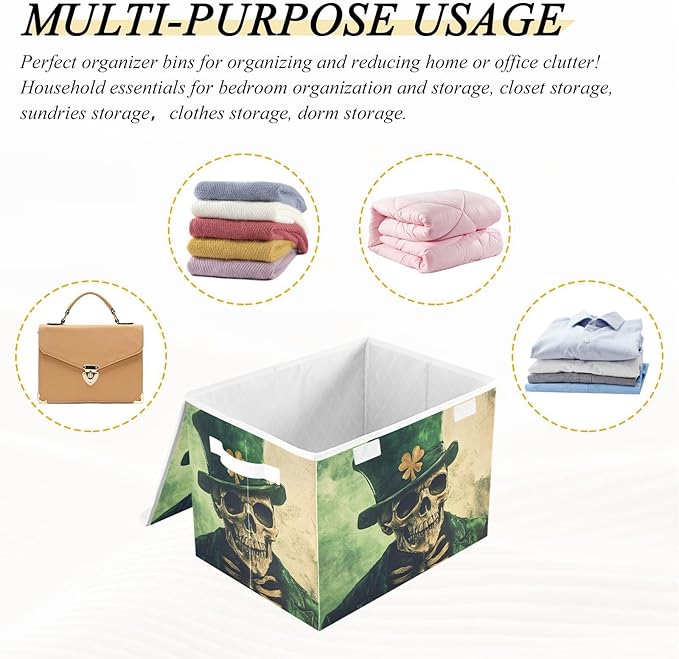 Storage Cube with Lid Skeleton Saint Patrick’s Day Print 16.5×12.6×11.8 IN Collapsible Large Capacity Foldable Storage Basket Bin Organizer