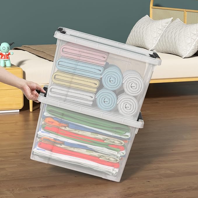 22 Quart Stackable Plastic Storage Bins with Lids and Latching Buckles 4 Pack Tubs Boxes Organizing Clear