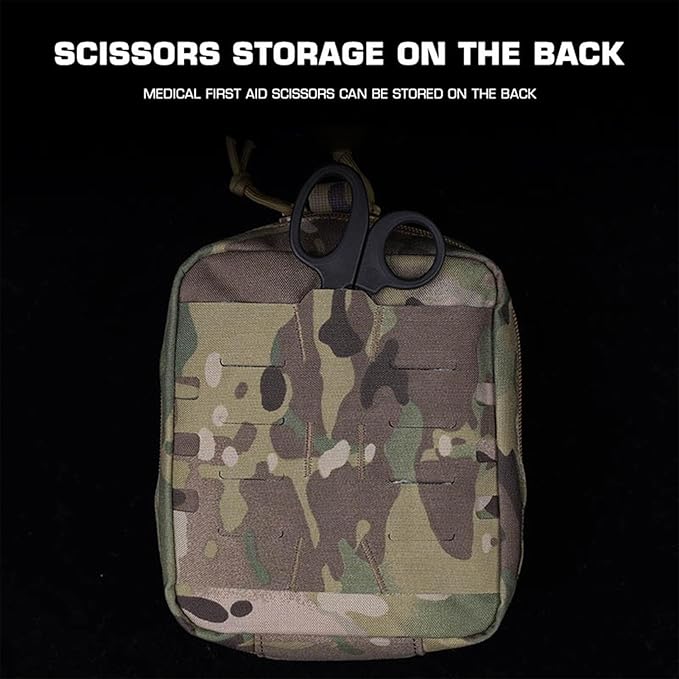 Tactical Camo IFAK Pouch MOLLE Medical Organizer with Elastic Storage Board Front Tool Slots and Rear Shear Pocket Attaches to Vest Belt or Backpack