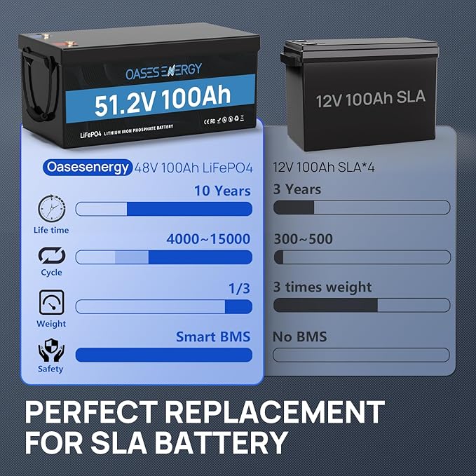 48V 100Ah Lithium LiFePO4 Battery With 20A Charger Build-in 100A BMS Peak Current 500A Deep Cycles Battery for RV Camper Solar System Marine Trolling Motor