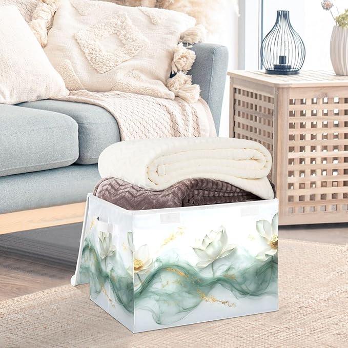 AIXIWAWA Lidded Storage Cube (Art White Flowers) Fabric Foldable Closet Bins with Flip Lid and Handles Organizer Basket Container 16.5 x 12.6 x 11.8 IN