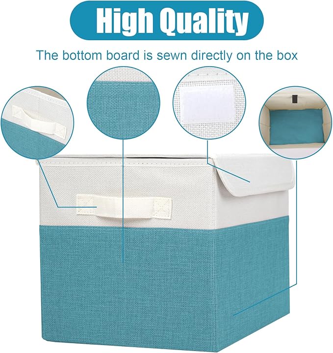 Bagnizer Large 22 Quart Linen Fabric Foldable Storage Bin Cube Organizer Basket with Flip-Top Lid &amp Handles Clothes Blanket Box for Home Office Closet Teal &amp White 4 Pack 14.6 x 9.5 x 9.5