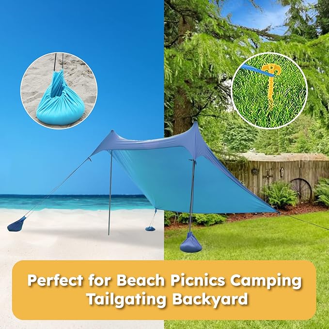 GREEN PARTY Beach Tent Canopy 7×7 FT Sun Shelter Outdoor Tent UPF50+ Protable Family Tent with 4 Sandbag Anchors 2 Pole Pop Up Outdoor Shelter for Beach Camping Fishing Backyard and Picnics