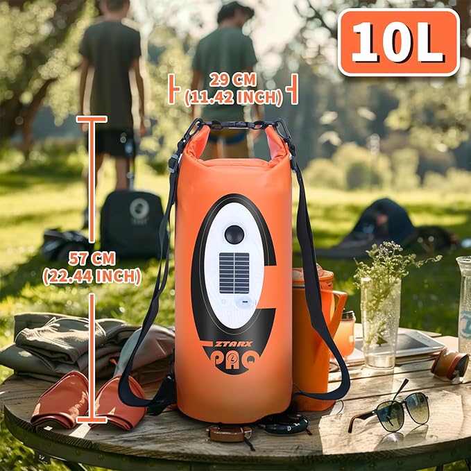 FELICON Solar/Battery Powered Multi-Functional Backpack with Bluetooth SpeakerIP66 Waterproof Dry BagHeavy Duty Roll Top ClosureLarge Capacity Bag for CampingHikingTraveling (Orange 10L)