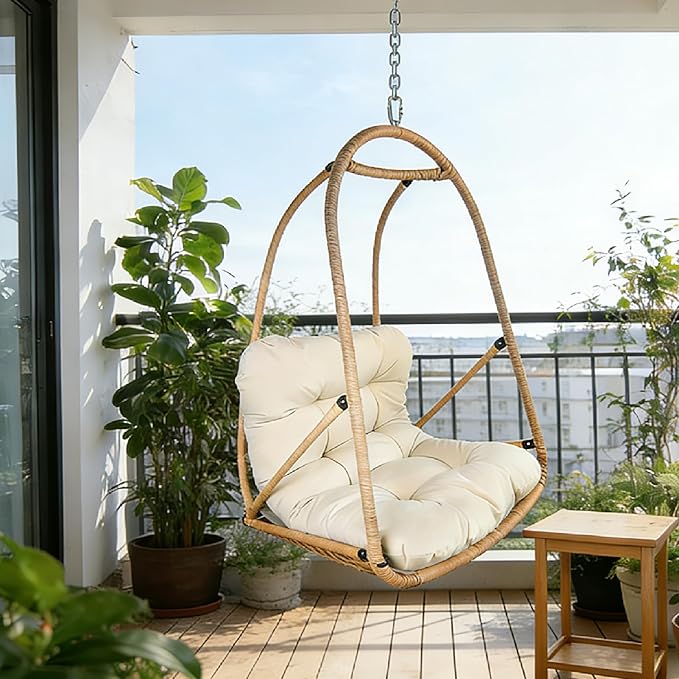 JESE Swing Egg Chair Without Standwith Removable Cup Holder - 300LBS Capacity All-Weather Hanging Chair for Indoor/Outdoor Patio Garden &amp BalconyKhaki