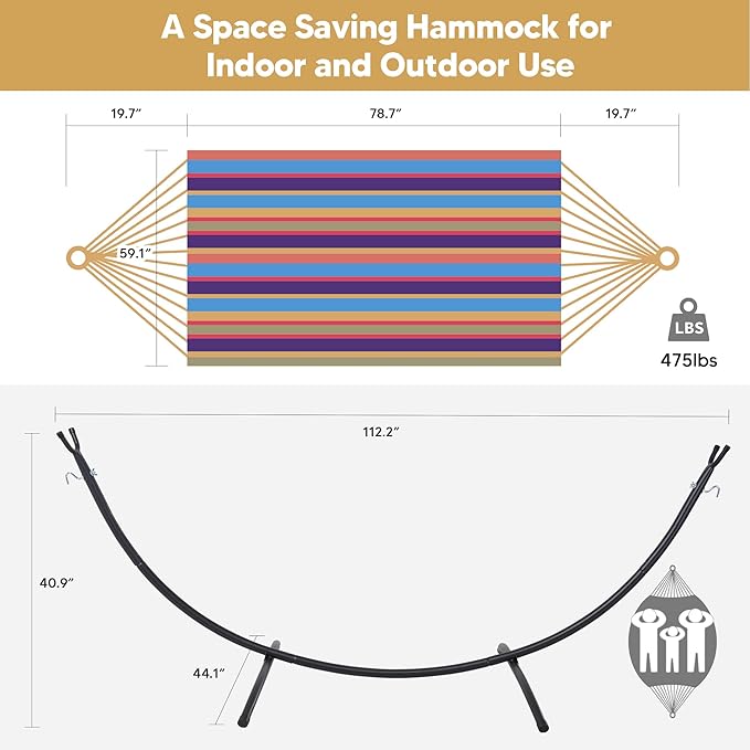 SUNCREAT Portable Large Hammock with Stand Two Person Hammock with Stand Included Rainbow Stripes