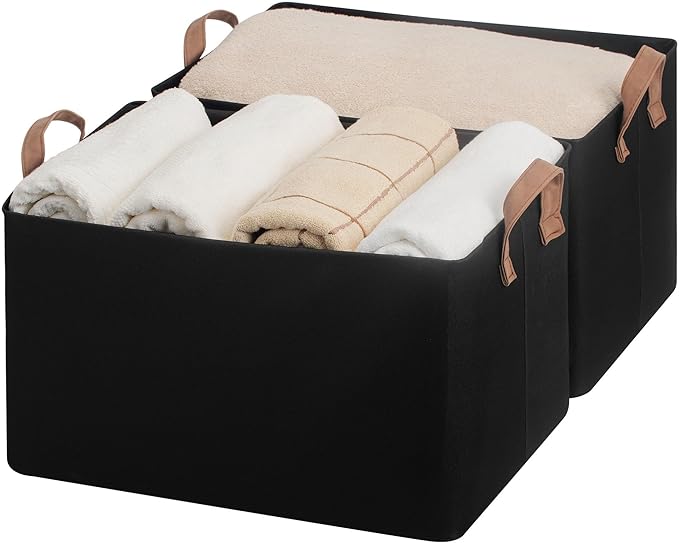 StorageWorks Storage Bins Fabric Storage Bins for Shelves Extra Large Storage Baskets with Metal Frame Closet Baskets and Bins with Handles Jumbo Black 2-Pack