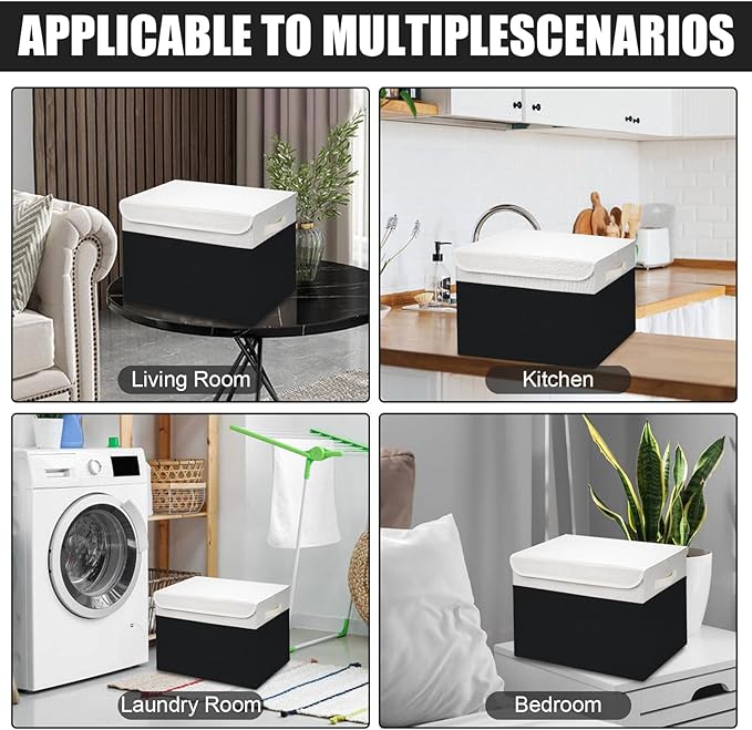 Large 17 42 Quarts Collapsible Stackable Storage Bins with Lids [3-Pack] Foldable Fabric Linen Storage Boxes Cube Closet Organizer Baskets with Label for Home (16.7 x 12 x 12 Black &amp White)