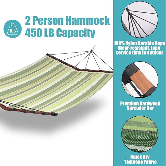 TegerDeger 12FT 2 Person Hammock Large Hammock Quick Dry 450LB Capacity with V Shaped Hardwood Spreader Bar &amp Nylon Rope for Outside Patio Garden Backyard Beach Poolside - Tender Green Stripe