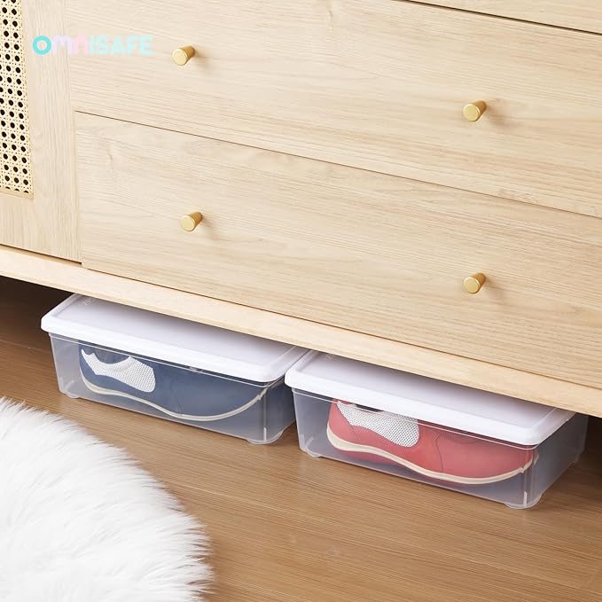 Stackable Plastic Storage Shoebox BPA-Free Nestable Container with Latching Lid to Organize Shoes See-Through Box for Home and Office Multi-Purpose Storage Case Clear Bins (12 Pack 6 Quart White)